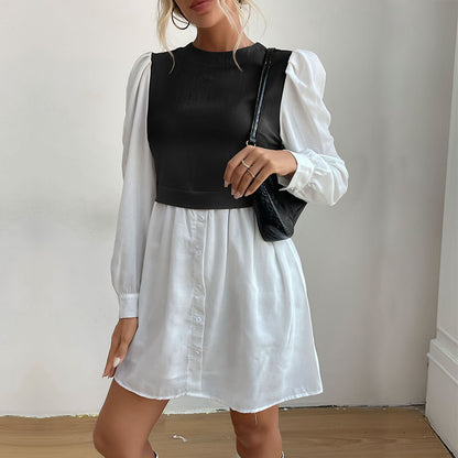 Color Block Layered Look Dress with Puff Sleeves