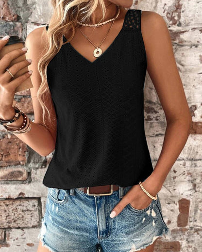 Solid V-Neck Tank Top with Crochet Lace Back