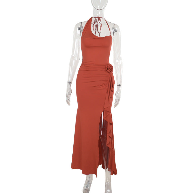 Bodycon Maxi Dress with Halter Neck and Rosette Detail