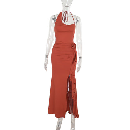 Bodycon Maxi Dress with Halter Neck and Rosette Detail