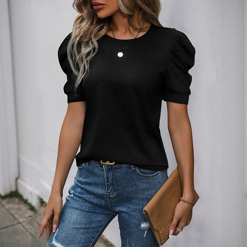 Slim Fit Solid T-Shirt with Round Neck and Puff Sleeves