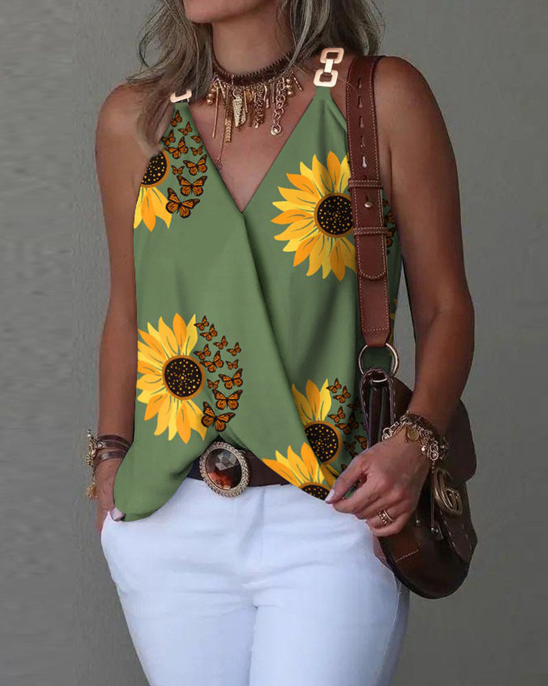 Printed Sleeveless Top with V-Neck and Metal Buckle Straps