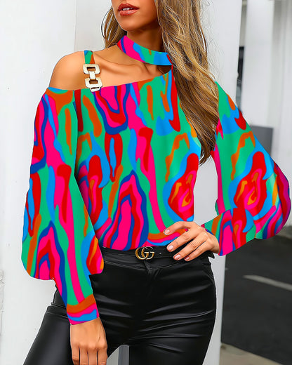 Printed Cold Shoulder Blouse with Choker Neck & Buckle
