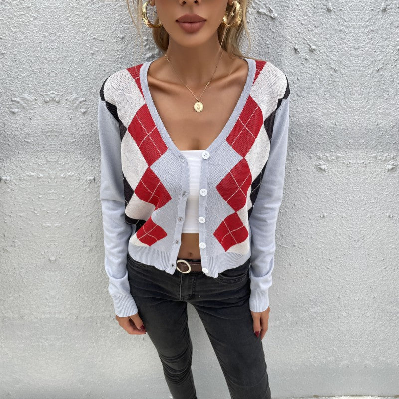 Argyle Cropped Cardigan with V-Neck and Button Front