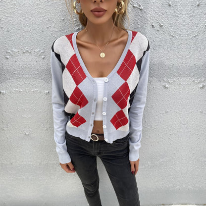 Argyle Cropped Cardigan with V-Neck and Button Front
