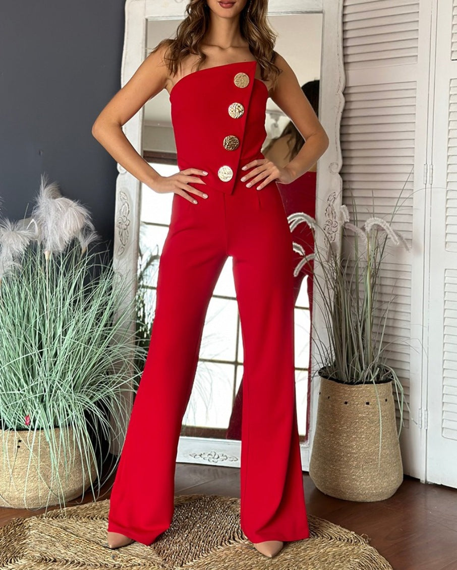 Strapless Wide-Leg Jumpsuit with Decorative Buttons