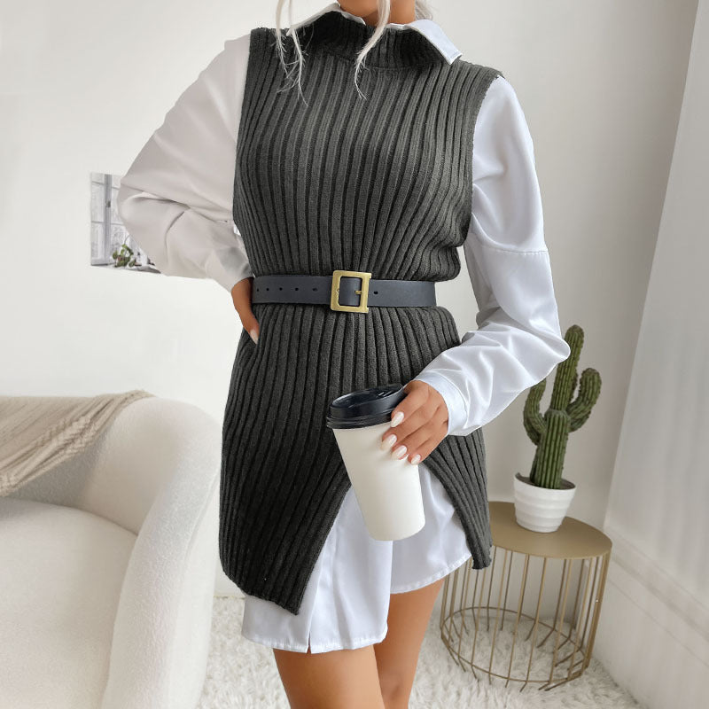 Ribbed Knit Mid-Length Vest with Mock Neck and Side Slit