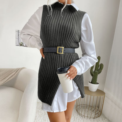 Ribbed Knit Mid-Length Vest with Mock Neck and Side Slit