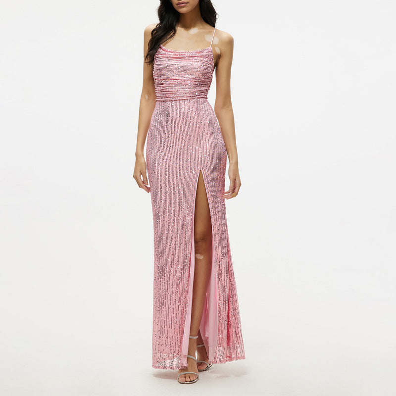 Sequined Sheath Gown with Cowl Neck and High Slit