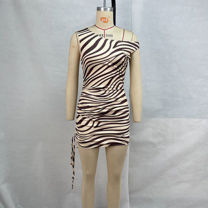 Zebra Print Bodycon Mini Dress with Asymmetric Neckline