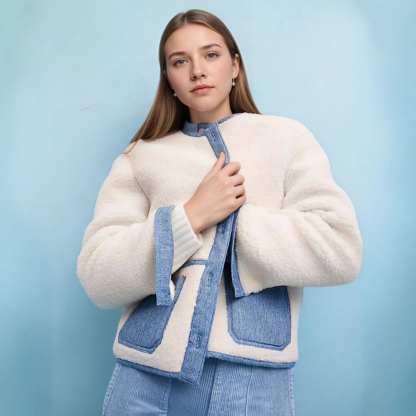 Cropped Faux Shearling Jacket with Denim Trim