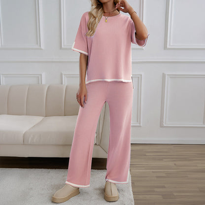Color Block Two-Piece Set with Short-Sleeve Top and Wide-Leg Pants