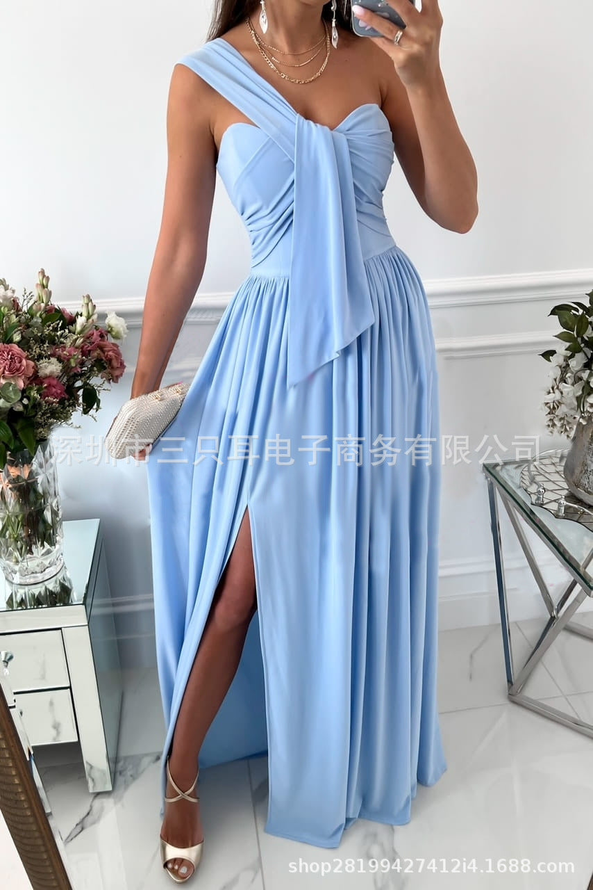 Solid Maxi Dress with One-Shoulder Knot Detail and Side Slit