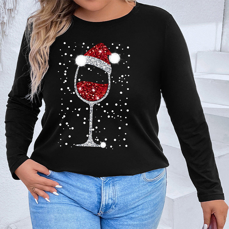 Plus-Size Loose Christmas Long Sleeve Top with Glitter Wine Glass Graphic