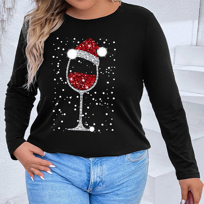 Plus-Size Loose Christmas Long Sleeve Top with Glitter Wine Glass Graphic