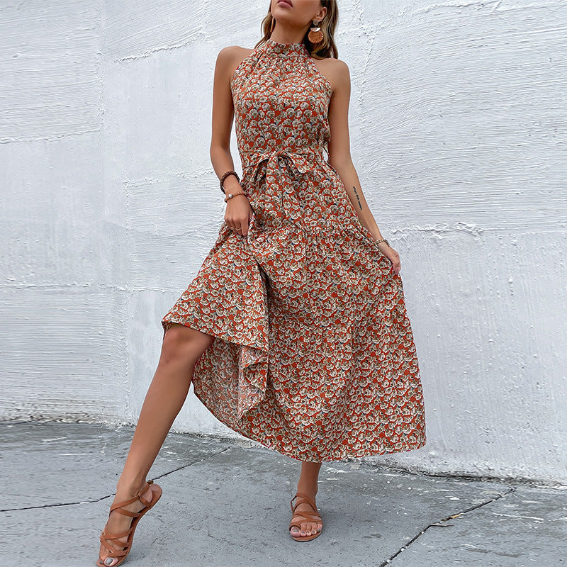 Tiered Floral Midi Dress with Halter Neck and Tie Waist
