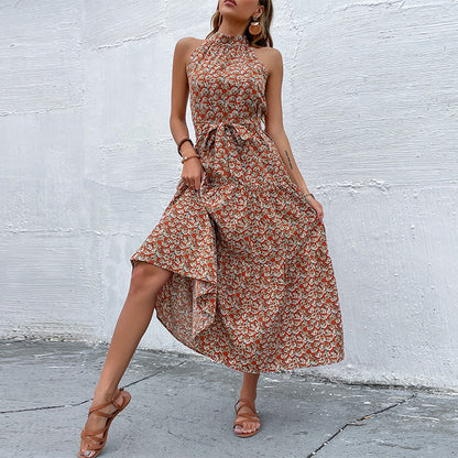 Tiered Floral Midi Dress with Halter Neck and Tie Waist
