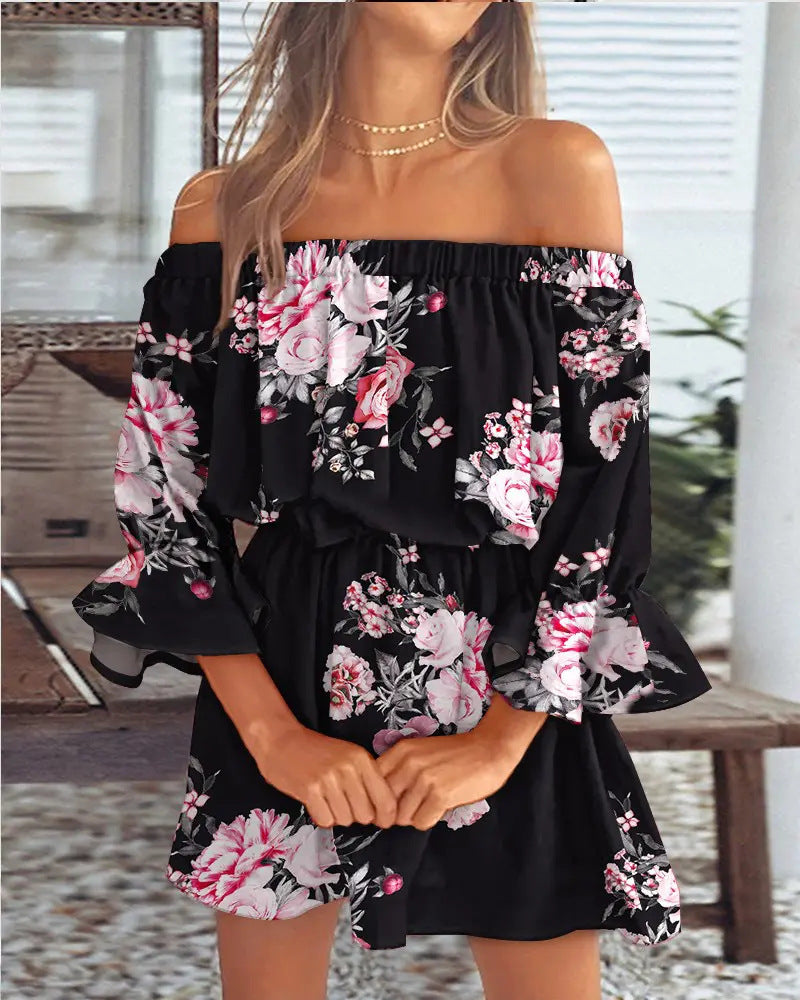 Printed Off-Shoulder Mini Dress with Elasticated Waist