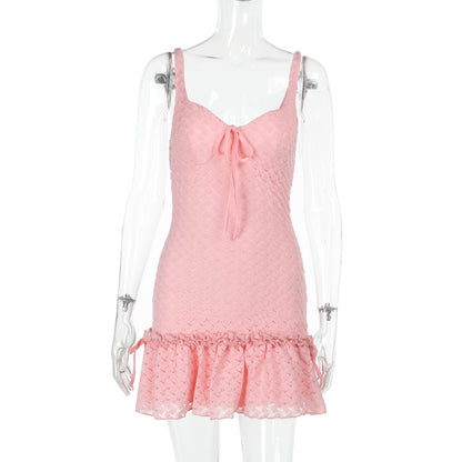 Textured Bodycon Mini Dress with Tie-Front and Ruffle Hem
