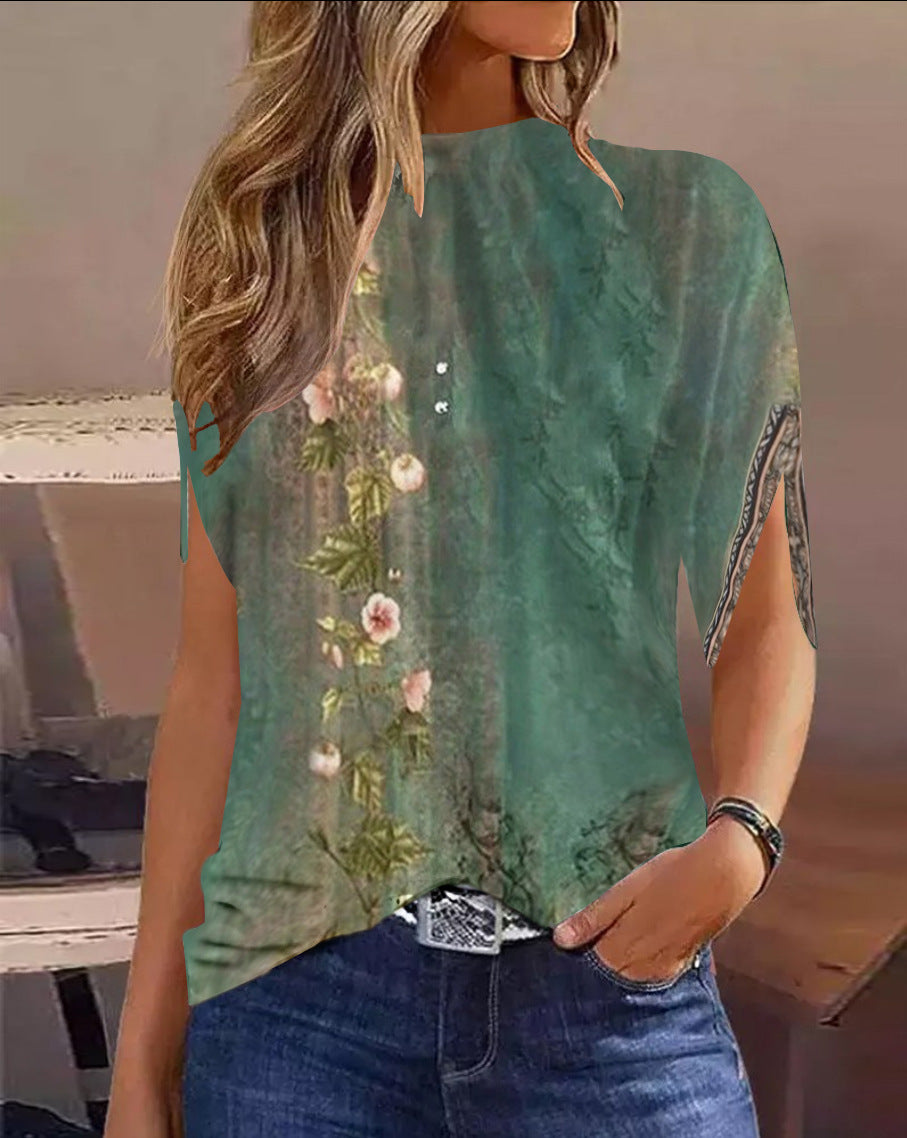 Abstract Print Top with Crewneck and Half Sleeves