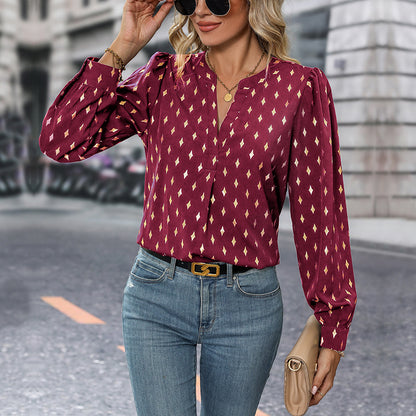 Bronzing Diamond Print Blouse with V-Neck and Puff Sleeves