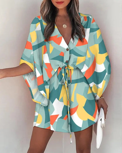 Printed Mini Dress with Bat Sleeves and Drawstring Waist