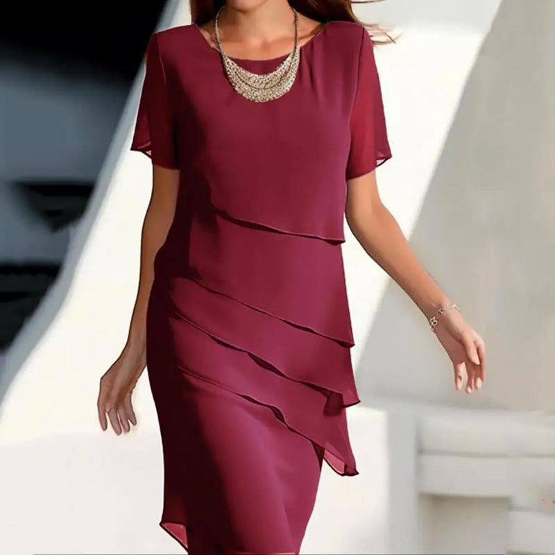 Sheath Midi Dress with Layered Chiffon Overlay and Short Sleeves