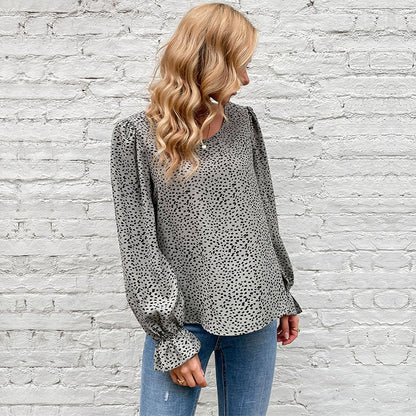 Leopard Print Blouse with Horn Sleeves and Crewneck