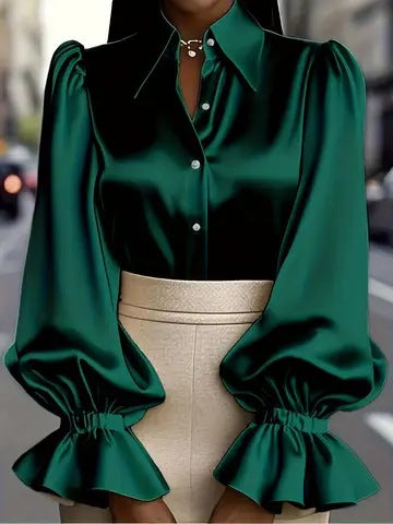 Solid Satin Blouse with Puff Sleeves and Ruffled Cuffs