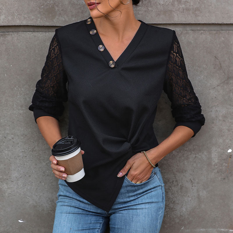 Knit Top with Lace Sleeves, V-Neck, and Twist Hem