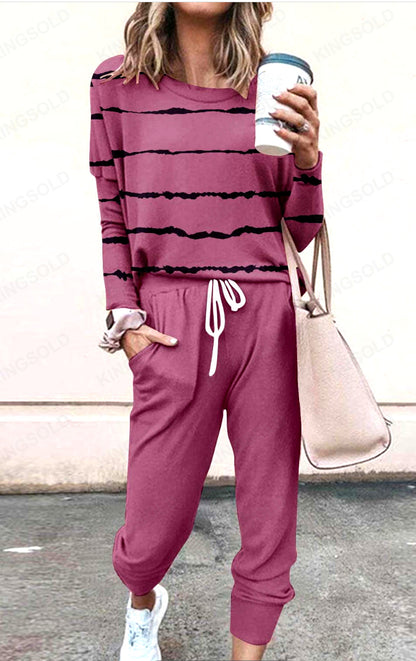 Spliced Long Sleeve Loungewear Set with Jogger Pants