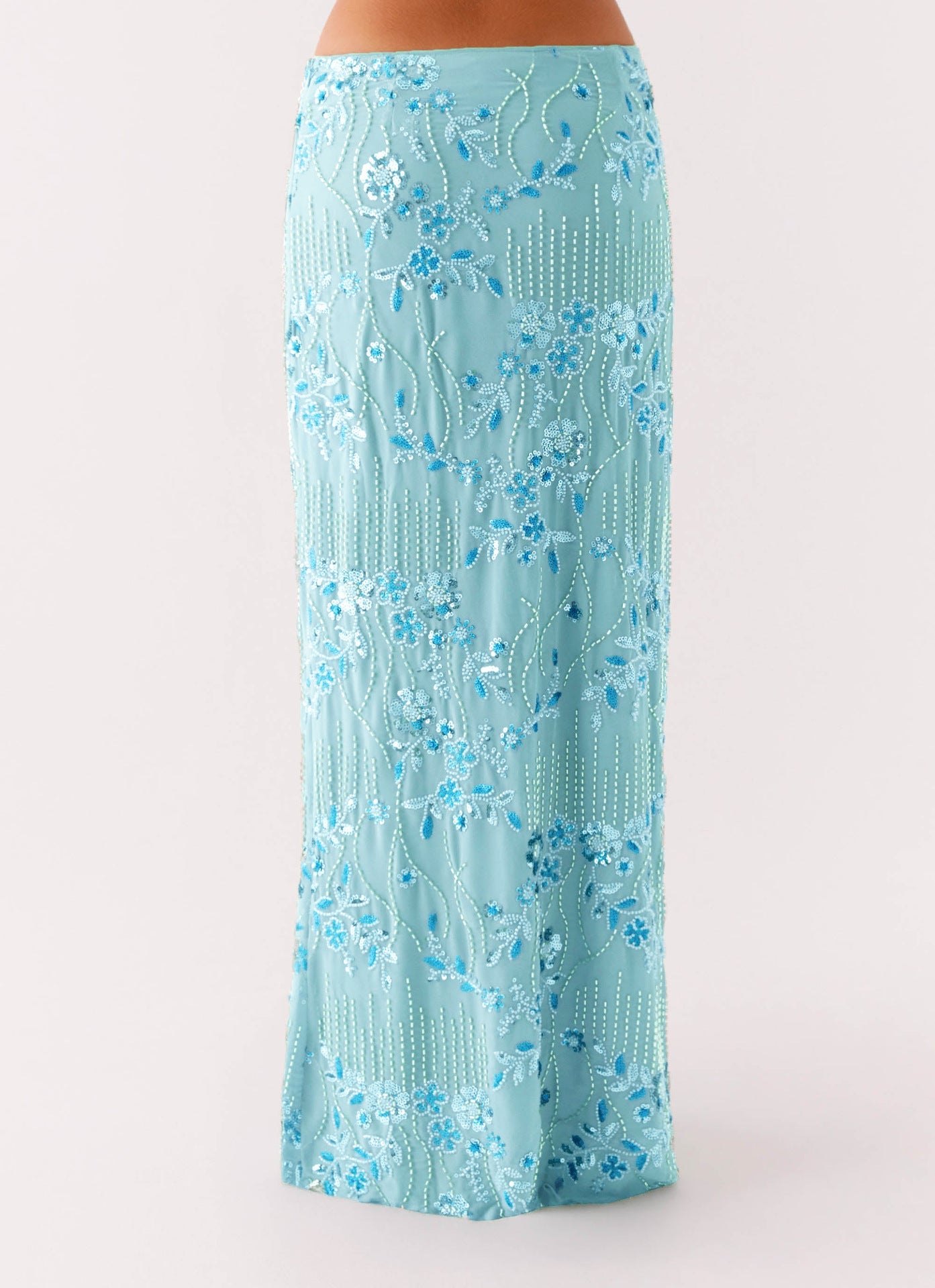 Beaded Floral Straight Maxi Skirt with Irregular Hem