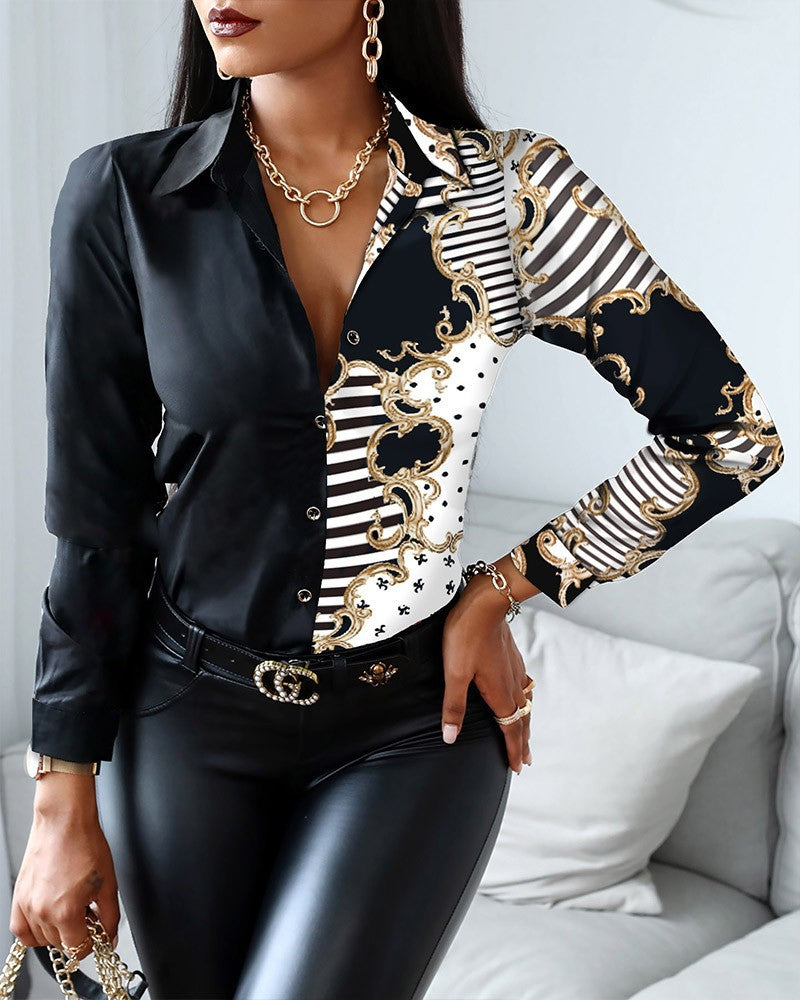 Color Block Print Blouse with V-Neck and Long Sleeves