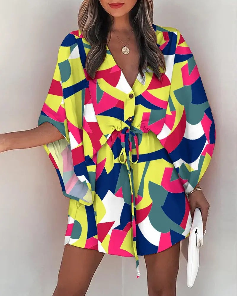 Printed Mini Dress with Bat Sleeves and Drawstring Waist