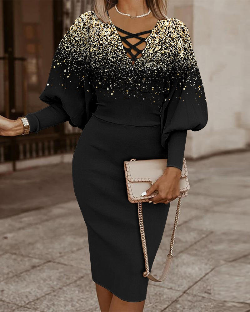 Geometric Print Sheath Dress with Lace-Up V-Neck and Dolman Sleeves