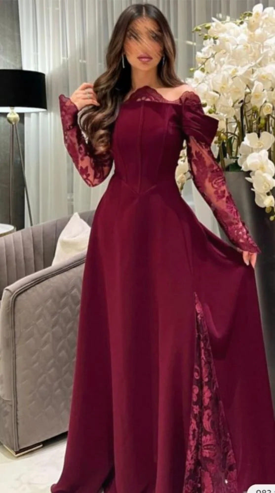 A-Line Maxi Dress with Off-Shoulder and Lace Slit