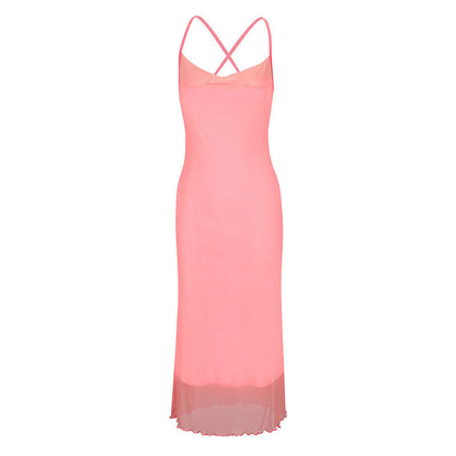 Bodycon Midi Dress with Cowl Neck and Mesh Hem