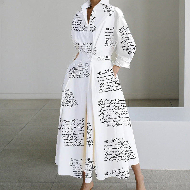 Polka Dot Maxi Shirt Dress with Nine-Quarter Sleeves