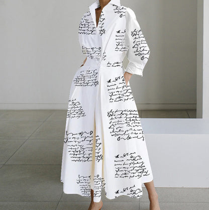 Polka Dot Maxi Shirt Dress with Nine-Quarter Sleeves