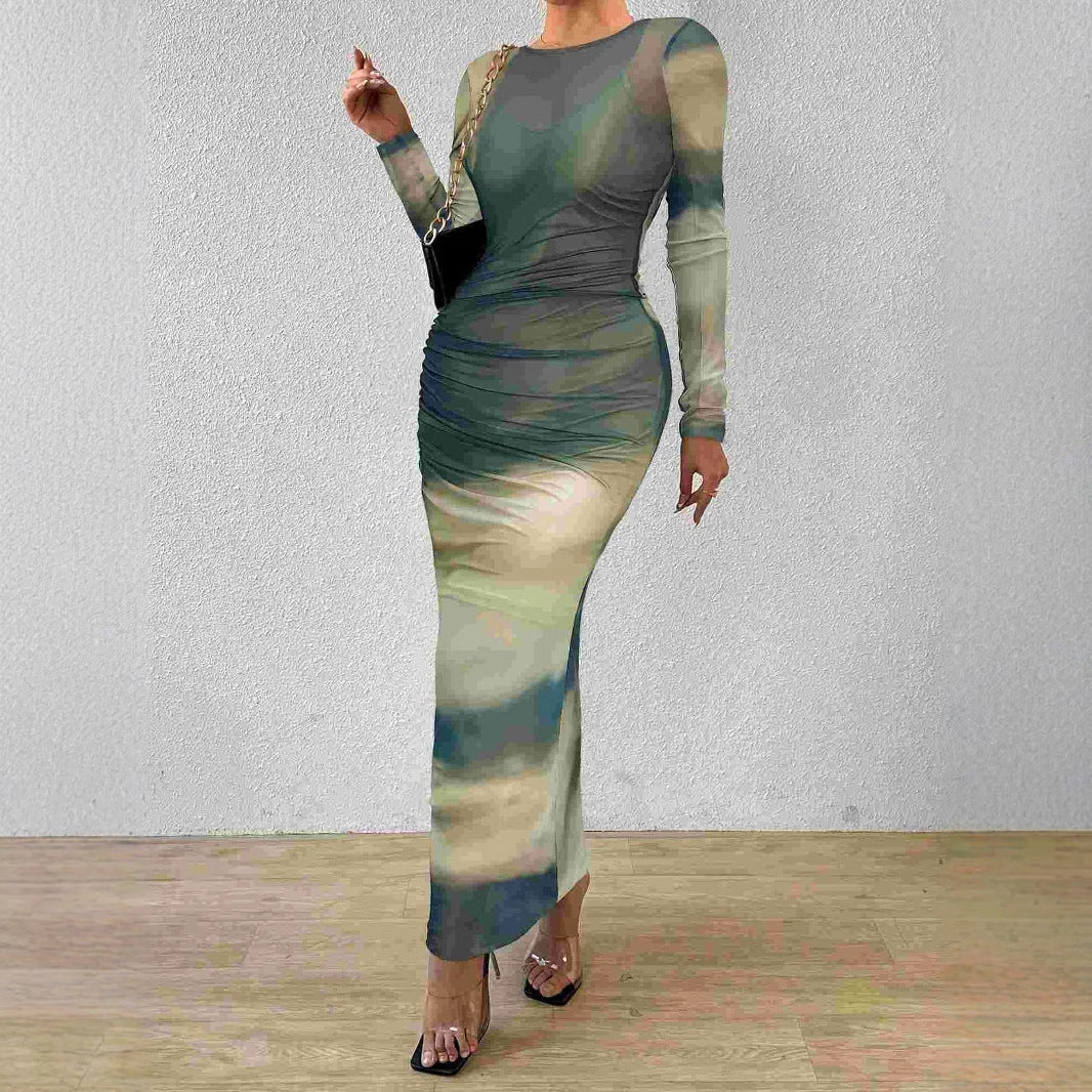 Sheer Mesh Bodycon Maxi Dress with Abstract Print