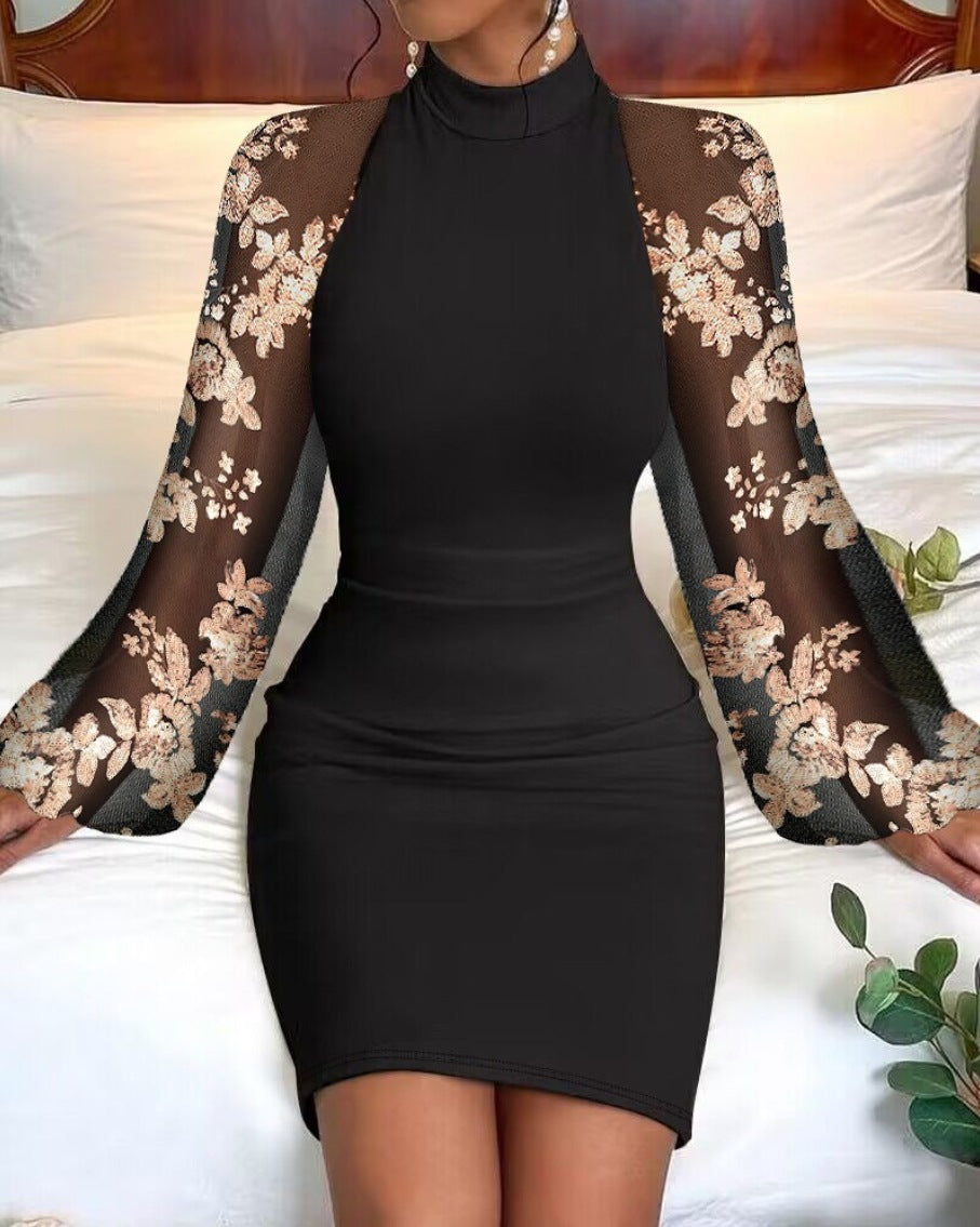 Bodycon Mini Dress with Sheer Floral Lantern Sleeves