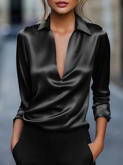 Satin Blouse with Draped V-Neck and Long Sleeves