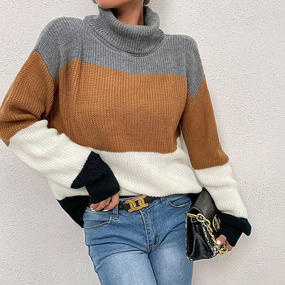 Loose Color-Blocked Turtleneck Sweater with Contrast Cuffs