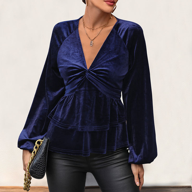 Velvet Long Sleeve Top with V-Neck, Twisted Front, and Tiered Peplum