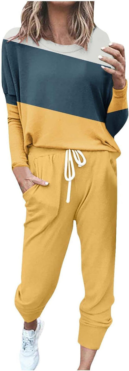 Spliced Long Sleeve Loungewear Set with Jogger Pants