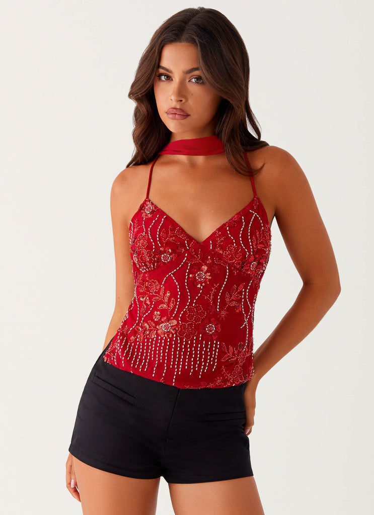Floral Sequined Camisole Top with Matching Scarf