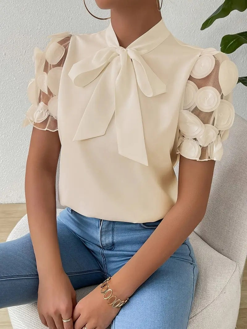 Solid Blouse with Pussy Bow Collar and Applique Puff Sleeves