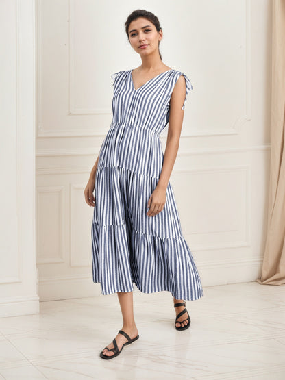 Striped Tiered Midi Dress with V-Neck and Tie Shoulders