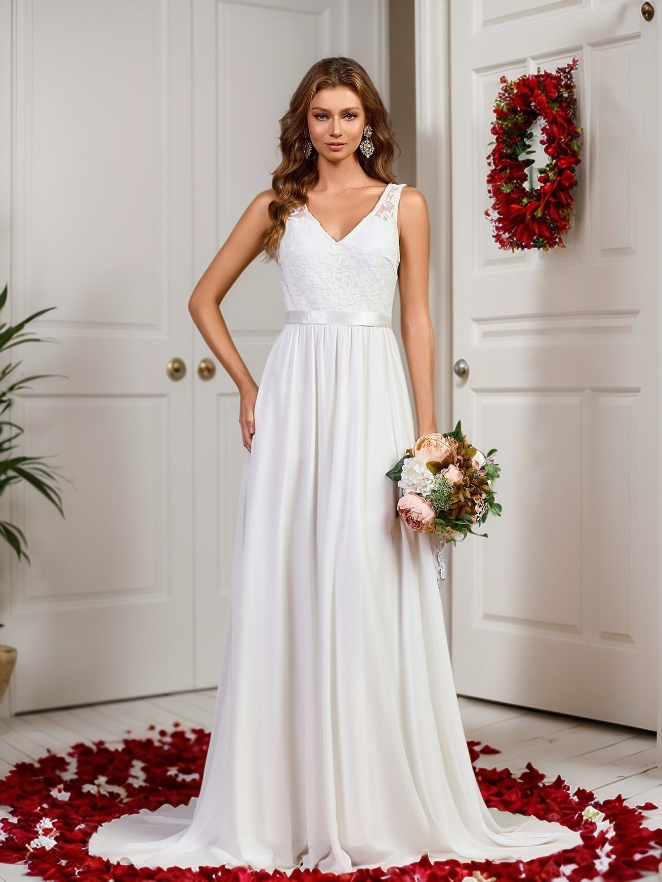 A-Line Wedding Gown with Sleeveless Lace V-Neck