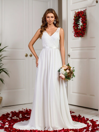 A-Line Wedding Gown with Sleeveless Lace V-Neck